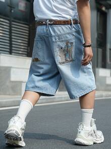 Manfinity EMRG Quần short denim nam màu xanh dương thêu họa tiết, phong cách đường phố thường ngày. - Rửa nhẹ - Xem 8