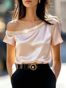SHEIN Atasan Satin Champagne Bahu Terbuka/Dekorasi Trim Mutiara Imitasi/Elegan/Kerja/Kencan/Blus Modis - Aprikot - View 1