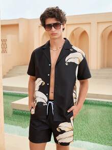Manfinity VDAYZ Men's Floral Print Button-Front Short Sleeve Shirt And Shorts Set, Beach/Vacation Summer Mens Summer Holiday Clothes Resort Wear Men Outfit For Men Beach Men S Vacation Outfits Hawaian Outfit For Men - Black - View 4