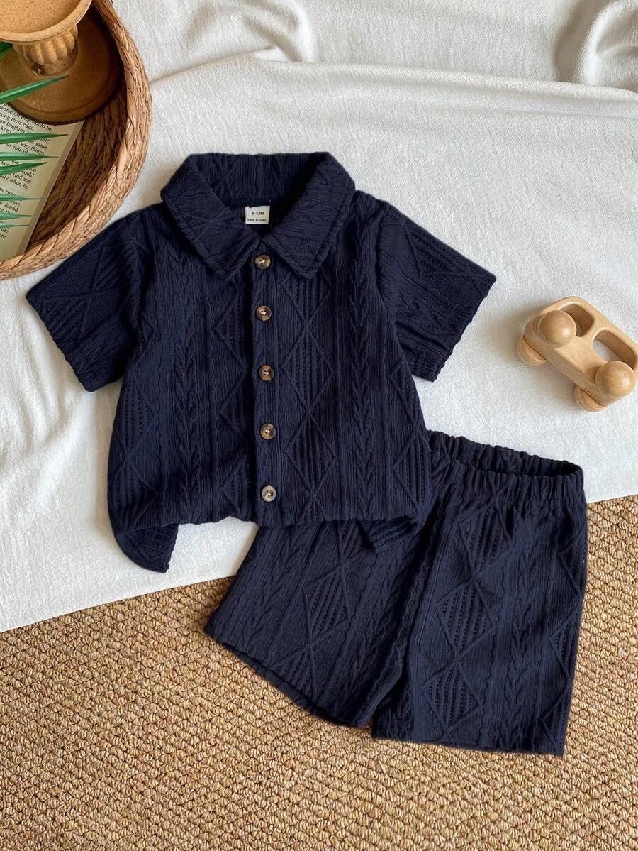 SHEIN Vintaside Kids 男女通用新生儿至1岁宝宝套装,杏色短袖衬衫和短裤套装,纹理面料,适合夏季外出穿着 - 藏蓝色 - 查看 1