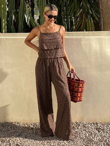 DAZY 女士春夏叠层吊带纹理面料宽松吊带背心和阔腿裤两件套 - 棕色 - 查看 4