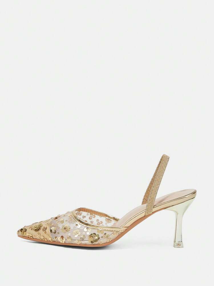 CUCCOO HITCHD Spring And Autumn New Product Gold Thin Heel Pointed Mesh Sequins Fashion Women's High Heel Shoes