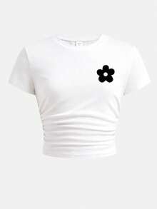 复古甜美黑白条纹迷你碎花印花涂鸦花卉少女风休闲休闲Y2K风可爱派对少女两件套 - T恤和裤子，日常休闲百搭 - 白色 - 查看 6