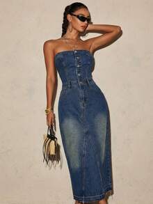 Women's Casual Washed Denim Jumpsuit Dress With Pockets, Summer - Medium Wash - View 3