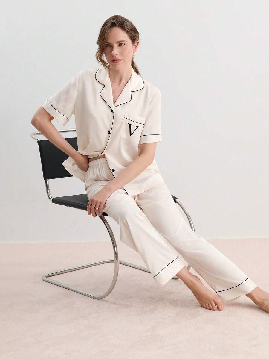 Hourtrue 新款粉色蝴蝶印花短袖领上衣和长裤睡衣套装，2 件套，含发带，两件套 - 淺粉色 - 查看 1