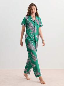 Bộ đồ ngủ nữ in họa tiết da báo, có áo ngắn tay cổ bẻ và quần vừa vặn, quần áo ngủ nữ giải trí và đồ mặc đi nhà - Màu xanh Cadet - Xem 4