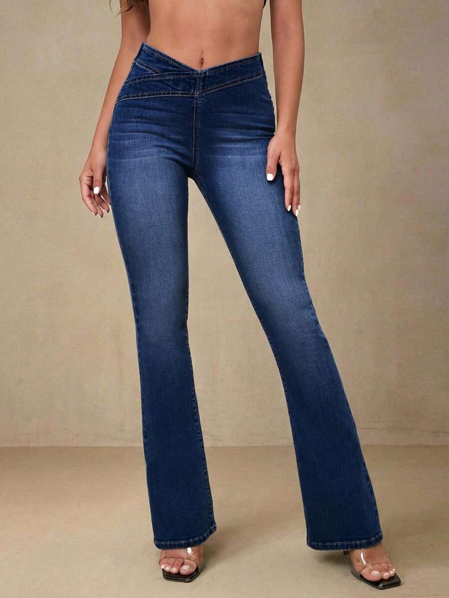 Selenza Washed V-Waist Fitted Flare Jeans Pants - Dark Wash - View 1