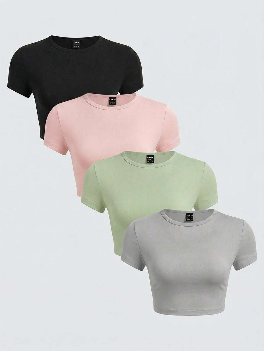 SHEIN BASICS 4pcs/Set Casual Solid Color Knit Round Neck Short Sleeve Fitted Cropped Women T-Shirts/Summer Crop Tops Multipack Tops Women Plain Tops For Women Plain T Shirts Women Cheap Tops For Women - Multicolor - View 1