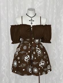 Sunspun Plus Size Contrast Color Off Shoulder Midi Dress, Dark Aesthetic - Brown - View 3