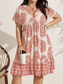 SHEIN LUNE Đầm nữ cỡ lớn in họa tiết toàn thân, cổ chữ V, tay ngắn, kiểu dáng thường ngày, thích hợp cho kỳ nghỉ. - trái cam - Xem 7