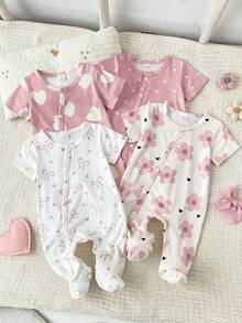 SHEIN 4件套新生儿针织柔软弹力花朵、爱心、蝴蝶结装饰套装，可爱甜美粉色，新生儿最佳礼物 - 彩色 - 查看 3
