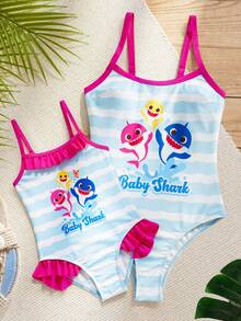 BABY SHARK X SHEIN Bộ đồ bơi liền thân in hình hoạt hình dành cho bé gái, viền bèo nhún. - Xanh và trắng - Xem 1