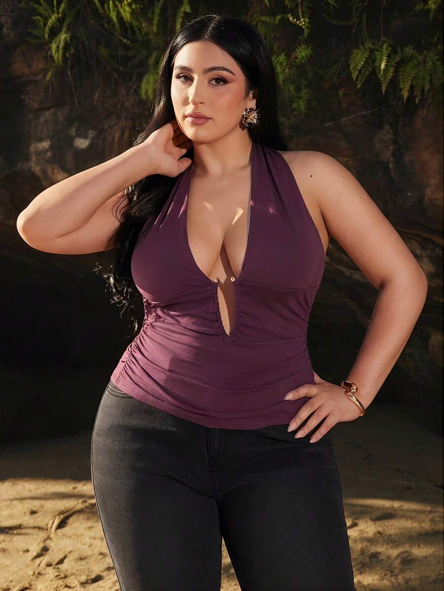 SHEIN BAE Plus Size Women's Dark Purple Classy Halter Tank Top,Summer Backless Ruched Top With Metal Button,Night Out Club Party Birthday Outfits 2026 - Purple - View 1