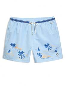 Manfinity Swimmode Men's Contrast Color Light Blue Summer Casual Beach Holiday Vacation Holiday Elastic Waist Drawstring Pants,Loose Fit Board Shorts Swim Trunks - Blue - View 4