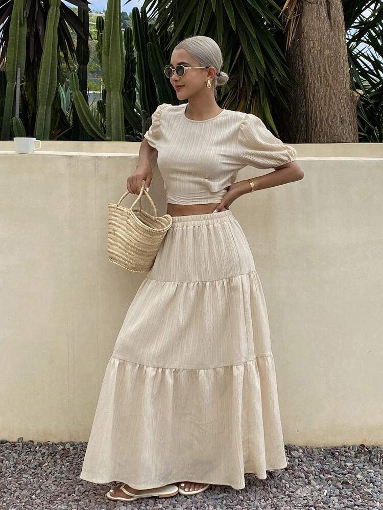 Women's Casual Loose Vacation Style Short Shirt And Long Skirt 2 Pieces Set, Spring/Summer