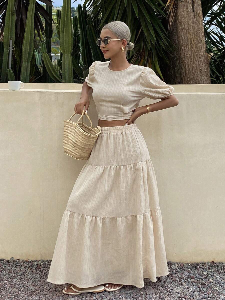 DAZY Bộ đồ nữ kiểu dáng thoải mái, rộng rãi, thích hợp cho kỳ nghỉ hè, gồm áo ngắn và chân váy dài, thích hợp cho mùa xuân/hè. - Màu be - Xem 1