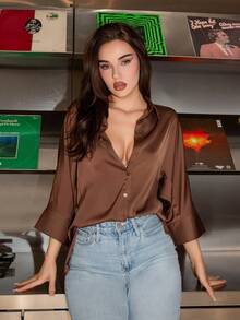Bris Aura Elegant Casual Deep Color Collared Button-Up Loose Ribbed Satin Side Slit Women Long Sleeve Shirt - Coffee Brown - View 1
