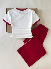 SHEIN 少女休闲日常舒适修身圆领短袖T恤和裤子套装 - 紅白色 - 查看 2