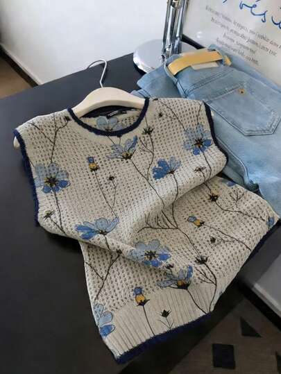 SHEIN LUNE Frühlings-/Sommer-Neuankömmling atmungsaktiver minimalistischer lässiger komfortabler Urlaubs-Openwork grau-blauer floraler zufälliger Muster V-Ausschnitt Pullover ärmelloser Damen Große Größen Strickpullover