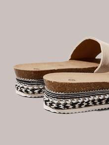 Styleloop 女士坡跟厚底凉鞋 夏季露趾麻绳编织凉鞋 水钻闪亮波西米亚风度假鞋 罗马沙滩凉鞋 外拖鞋 - 米色 - 查看 4