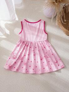BABY SHARK X SHEIN Đầm không tay cổ tròn in hình cá mập hoạt hình cho bé gái, dễ thương. - Hồng - Xem 2