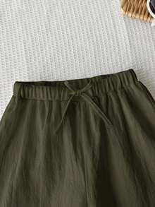 SHEIN Tween女孩休閒極簡舒適中腰直筒百搭長褲 軍綠色 秋冬穿搭 - 軍綠色 - 查看 4