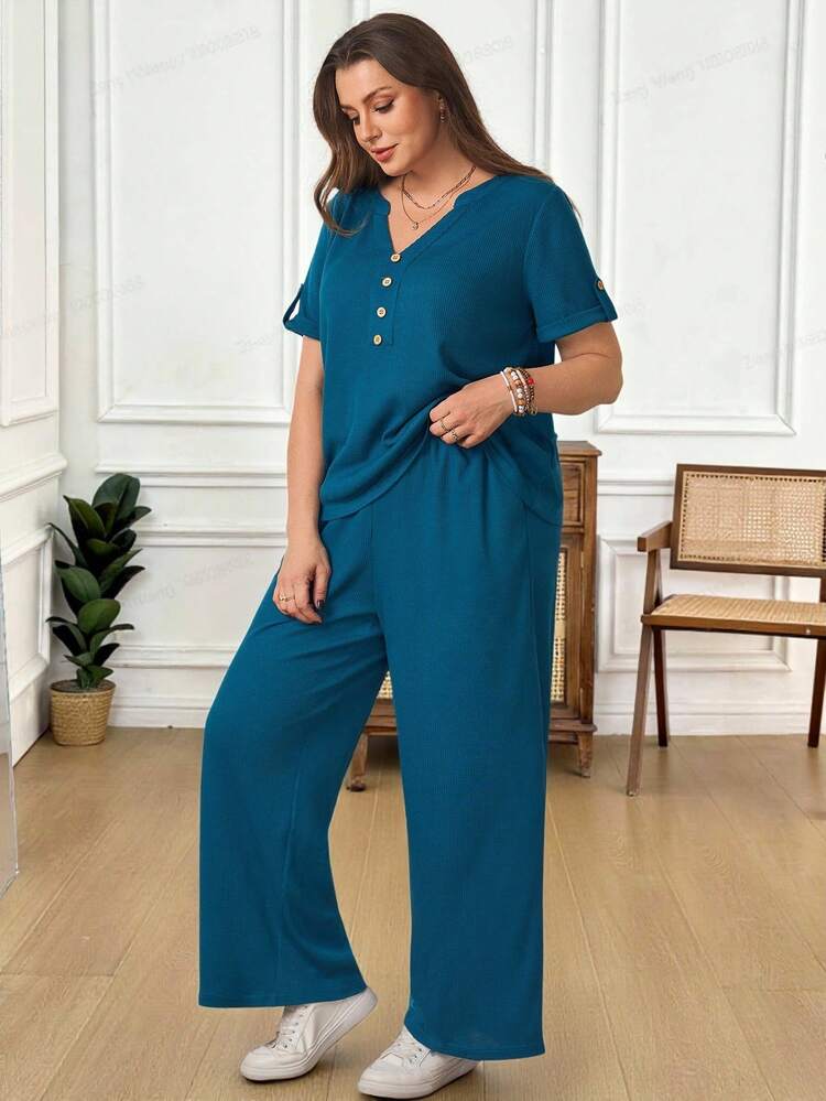 Plus Size Vacation Casual Solid Color Notched Neck Shirt And Pants 2 Pieces Set Women Vacation Outfit Sets Blouse And Pants Set For Women Women 2 Piece Outfit Casual Summer Outfits For Women  Beach Outfit For Women  Casual  Vacation Outfits Women Country Concert Outfit Peplum