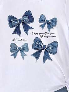 女童休闲蝴蝶结印花短袖T恤，舒适日常穿着，适合春、夏、秋季穿着。 - 白色 - 查看 5