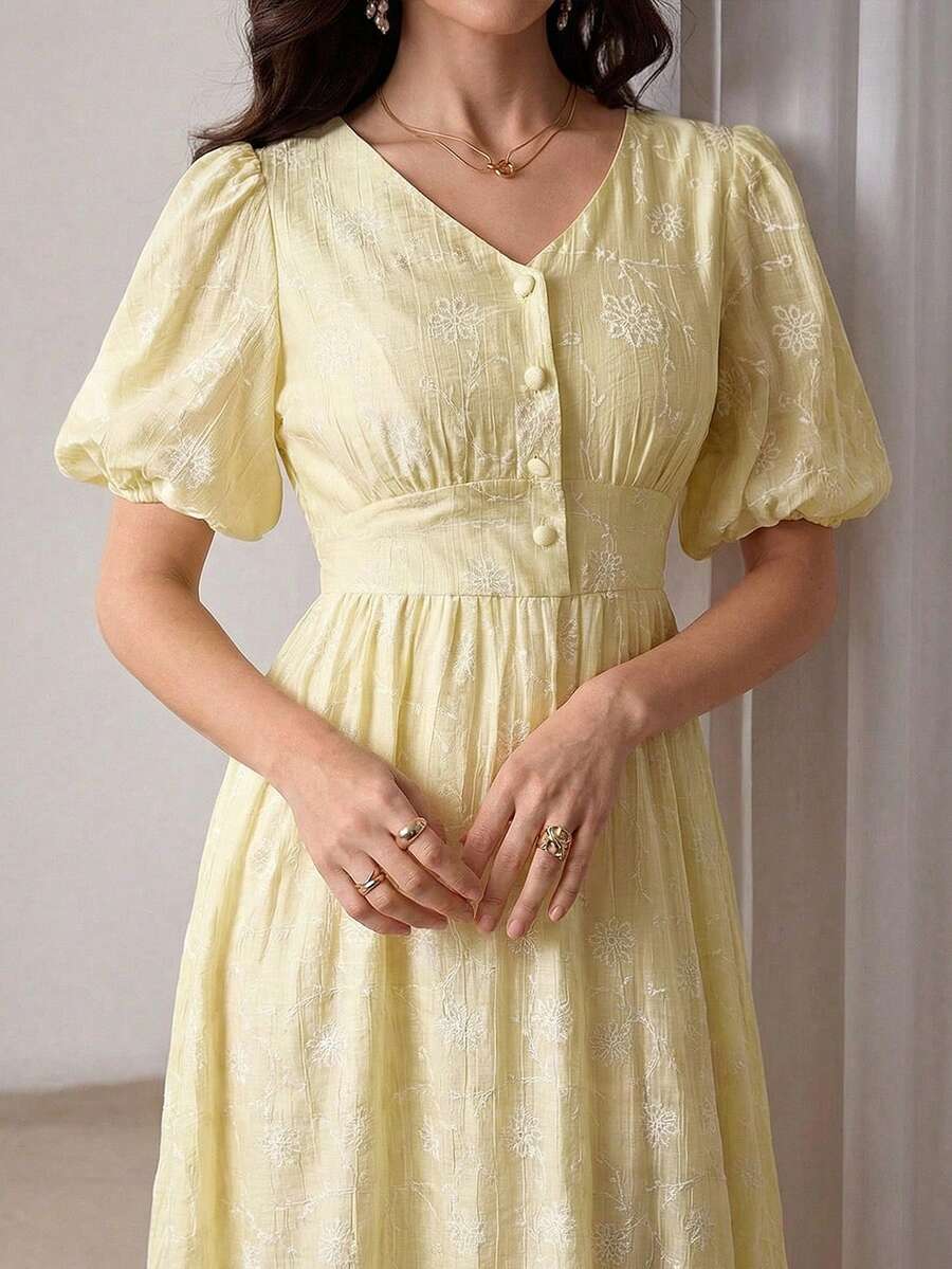 Modelyn 女士V领花卉刺绣褶皱休闲派对外出长袖连衣裙 - 黃色 - 查看 1