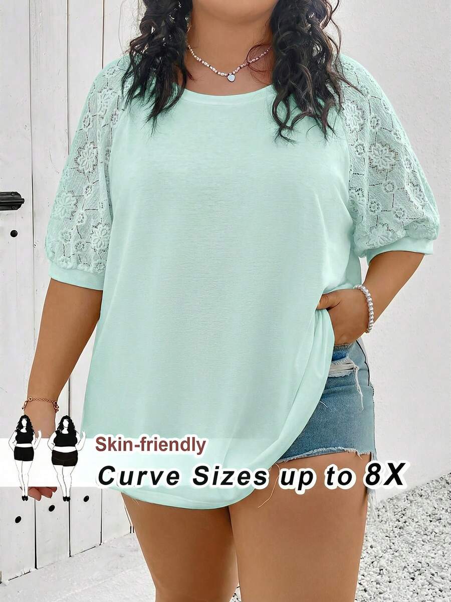 SHEIN CURVE+ 大码女式拼接不同材质上衣,白色T恤 - 薄荷綠 - 查看 1