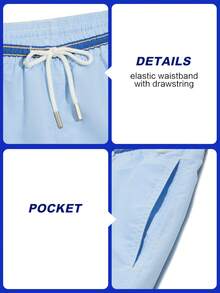 Manfinity Swimmode Men's Contrast Color Light Blue Summer Casual Beach Holiday Vacation Holiday Elastic Waist Drawstring Pants,Loose Fit Board Shorts Swim Trunks - Blue - View 5