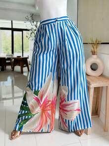 Blue & White Pleated Waist Loose Women Casual Pants Women Vacation Outfit Sets Tropical Vacation Outfits For Women Women 2 Pieces Outfit Casual Woman Summer Outfits Women's Beach Outfits Women's Beach Outfits Wide Leg Pants For Women - Multicolor - View 6