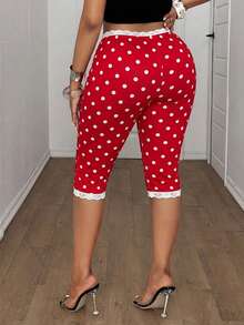 Maweii Plus Size Women Lace Trim Bow Decor Polka Dot Casual Versatile Daily Wear Skinny Capri Leggings - Red - View 2