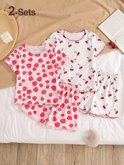 4 piezas Conjunto de pijama de punto con estampado de frutas y mangas cortas para niñas jóvenes