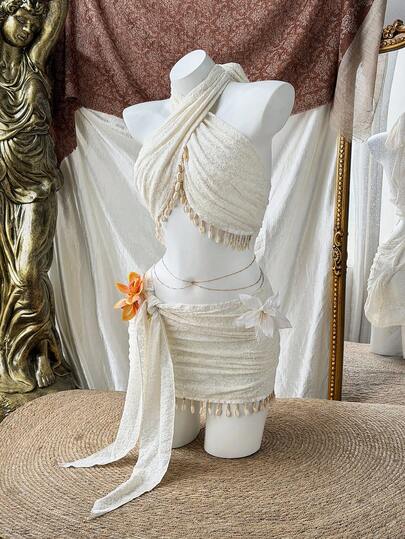Sweetra Conjunto de traje de baño elegante y minimalista de estilo francés, parte superior + falda de vacaciones en la playa con decoración de encaje jacquard falso, conjunto de 2 piezas para mujeres de talla grande en verano