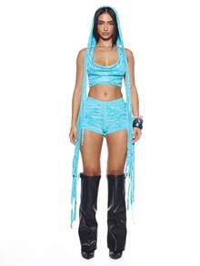 MUSERA Áo croptop dệt kim có mũ trùm đầu, cổ buộc dây, gợi cảm, thích hợp cho mùa hè, mùa xuân, lễ hội, kỳ nghỉ, đi chơi, du lịch. - Màu xanh nhạt - Xem 3