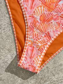 Swim Vcay بدلة سباحة قطعة واحدة ذات طبعة زهور صغيرة مع تشطيب هندسي، ملابس شاطئ شائعة للربيع/الصيف - لون برتقالي - مشاهدة 8