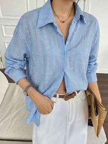 Dazy-Less Camisa de mujer de manga larga azul, casual para vacaciones en la playa, adecuada para primavera, verano, Día de San Valentín, boda - Azul - Ver 5