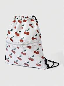 ROMWE Kawaii Sweet Cherry Printed Drawstring Backpack - Lightweight And Lovely Lace Trimmed Casual Backpack With Transparent Pocket Fitness Bag For School, Commuting, Travel And Daily Use - White Cherry - View 6