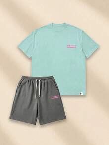 SUMWON Ensemble coordonné tee-shirt et short d'été décontracté pour garçons avec imprimé graphique au dos, col ras-du-cou, manches courtes - Vert - Voir 2