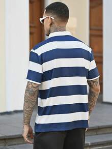 Devon Thys Áo polo nam đơn giản màu xanh trắng kẻ sọc in chữ cái đại học, thích hợp cho đi học, đi chơi và làm quà tặng bạn bè. - Màu xanh lam - Xem 2