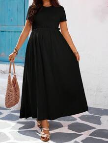 SHEIN Maternity Casual Solid Color Short Sleeve Dress - Black - View 7