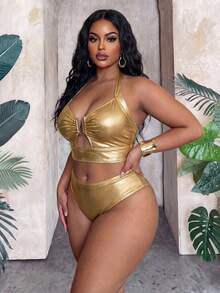 Slaydiva Conjunto de traje de baño para mujer de talla grande con tela de lámina de oro, Primavera/Verano 2026 - Dorado - Ver 4