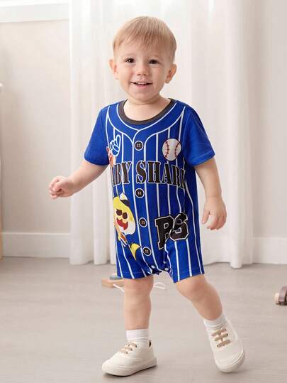 BABY SHARK X SHEIN Bộ áo liền quần ngắn tay cổ tròn in họa tiết cho bé trai, kiểu dáng thường ngày, thích hợp cho mùa hè.