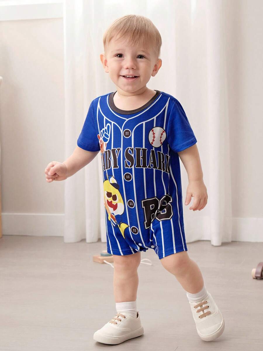 BABY SHARK X SHEIN Bộ áo liền quần ngắn tay cổ tròn in họa tiết cho bé trai, kiểu dáng thường ngày, thích hợp cho mùa hè. - Màu xanh lam - Xem 1