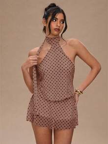 SHEIN BAE 女士时尚性感波点印花露背吊带迷你连衣裙 - 棕色 - 查看 4