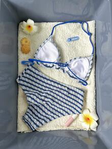 SHEIN Bộ bikini màu be trơn mới dành cho thiếu nữ, đồ bơi tối giản cho kỳ nghỉ biển. - Màu xanh hải quân - Xem 2