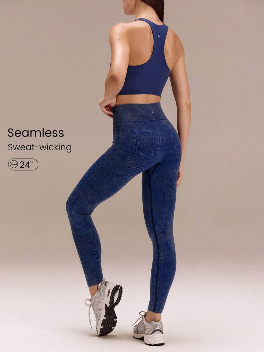 GLOWMODE 24英寸超细柔软无缝高腰仿牛仔水洗紧身裤，适合训练、跑步、健身、运动等场合穿着 - Dark Blue - 查看 1