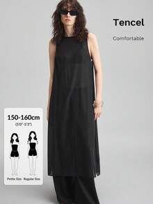 Ontre Petite Áo tank top dài màu đen trơn dáng rộng mùa hè 2026 dành cho nữ, có xẻ tà và cài cúc, phù hợp cho giáo viên và mặc đi club. - màu đen - Xem 4