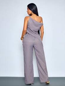 SOLERSUN Women's Chic Striped Asymmetrical Shoulder Twist Asymmetrical Hem Blouse & Wide Leg Pants With Pockets For Daily & Office, Striped Asymmetrical Two Pieces Set - Brown - View 2